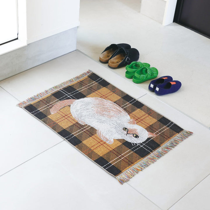 松尾ミユキ ミニタペストリーラグ ネコ チェック柄 ラグマット